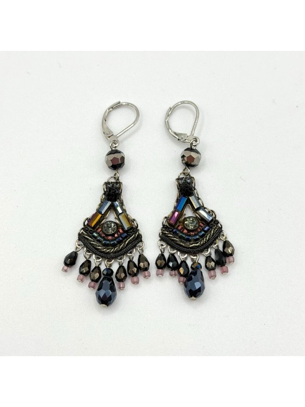 Ayla Bar Beaded Chandelier Earrings With Black & Iridescent Accents